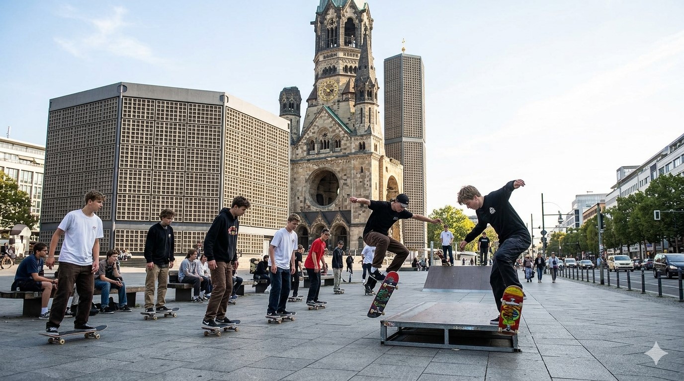 Klassenfahrten Berlin - Skaten vor der Kaiser-Wilhelm-Gedächtniskirche