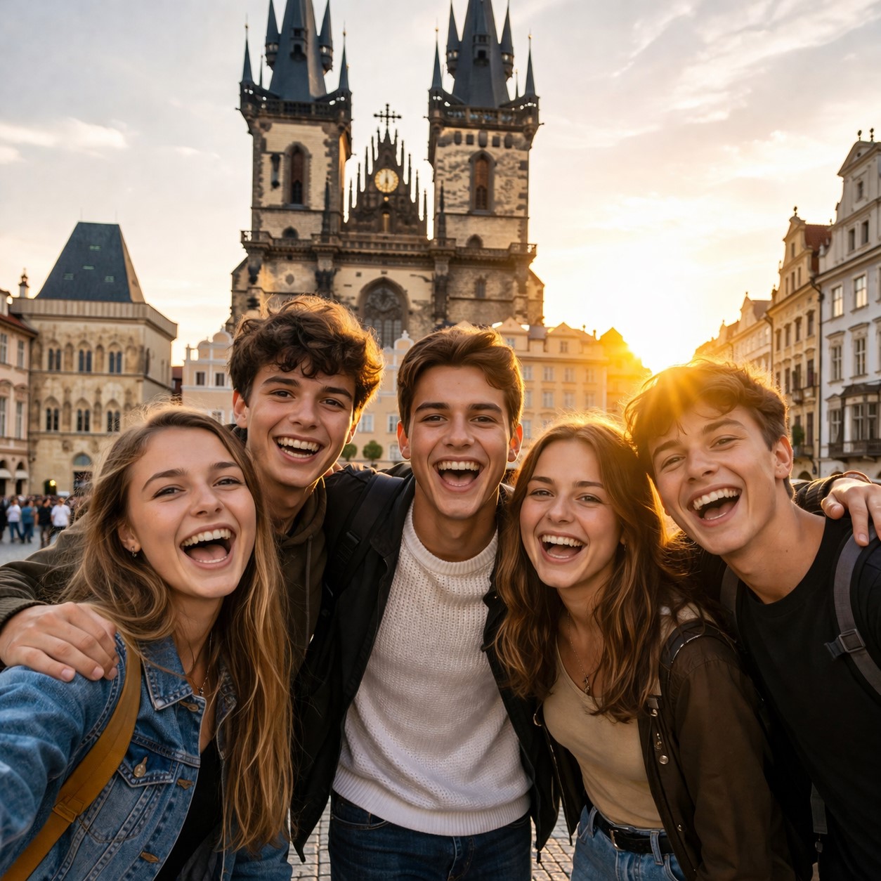 Schüler auf Klassenfahrt in Prag am Altstädter Ring